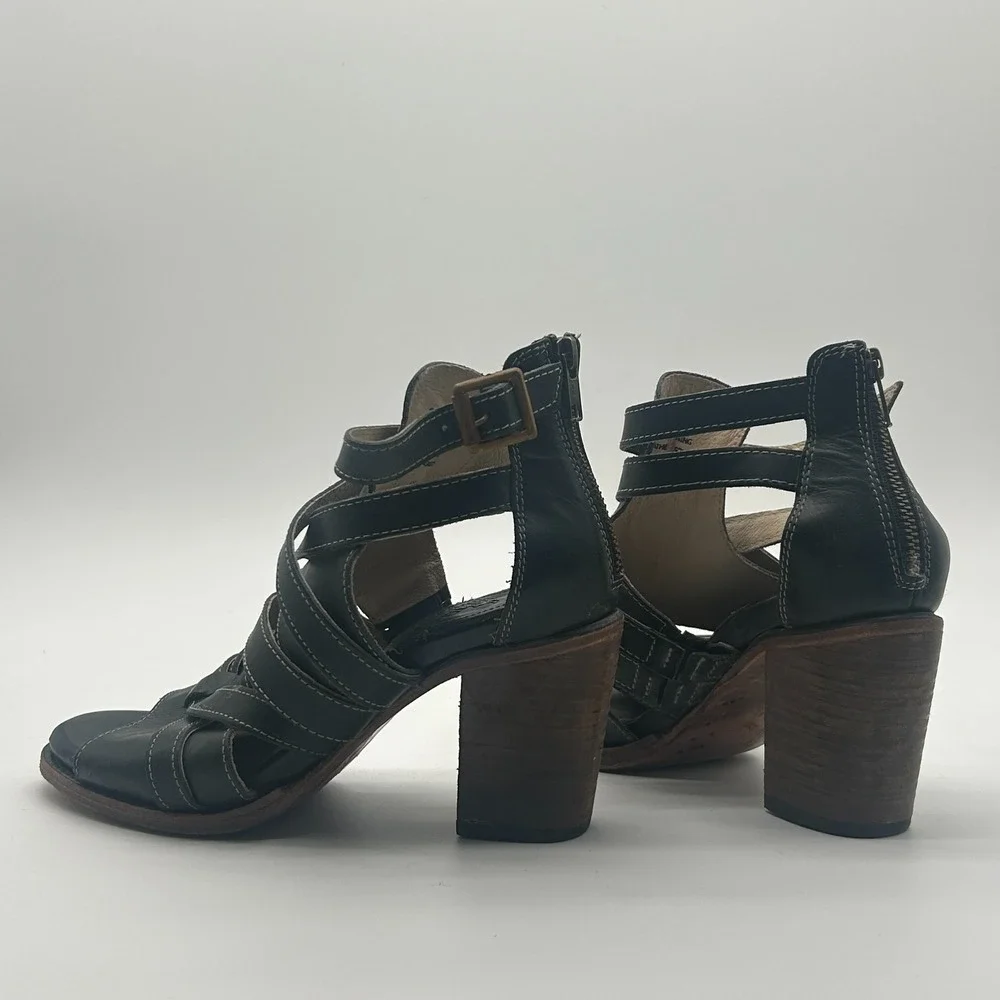 Freebird by Steven Claw Black Leather Strappy Gladiator Heeled Sandals Womens 9